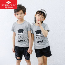 儿童韩版棉质卡通印花短袖家居外穿休闲T恤上衣(120码 胡子帽子)