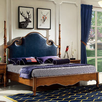 优涵美式实木床 乡村简约风格双人床1.8米 高箱储物软靠床801(蓝色)