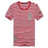 爆眼 夏装新款复古红卫兵多色条纹大码短袖T恤加肥加大码 T1011 (红白色 M)