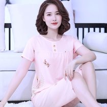 睡衣女士夏季中老年人婆婆装短袖套装棉绸居家服女人夏天薄款宽松(粉底仙鹤)