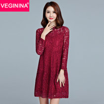 VEGININA 韩版蕾丝镂空修身显瘦长袖连衣裙 9880(红色 5XL)