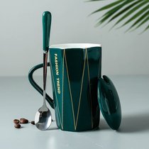 创意欧式简约大容量陶瓷马克杯带盖勺男女生办公家用喝水泡茶杯子(绿色【带盖+勺】)