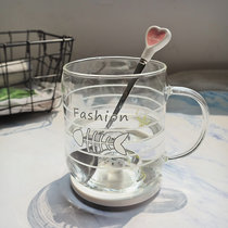 韩版猫咪玻璃杯景观水杯创意可爱杯子女学生早餐牛奶果汁杯带盖子(鱼骨头带盖送爱心勺 默认版本)