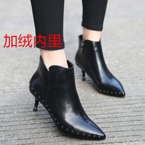 SUNTEK黑色女士高跟鞋2021秋冬款尖头短靴铆钉小跟鞋百搭加绒细跟靴5CM(35 6662黑色皮面（加绒内里）)