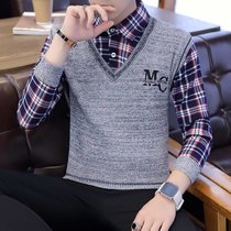 冬季加绒衬衫男青年假两件保暖衬衣毛衣秋天长袖加厚潮针织打底衫(MC灰色 XL)