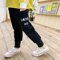 儿童工装裤字母2020男童新款洋气潮春秋童装宝宝缩口运动休闲字母工装裤(100cm 字母2020工装裤-黑色)