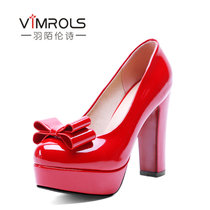 羽陌伦诗 时尚超高跟粗跟纯色蝴蝶结浅口圆头女士单鞋 R025(红色 34)