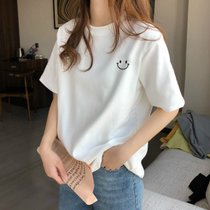 SUNTEK2022早春新款白色短袖T恤女夏季ins超火内搭小众设计感上衣服(L 116-135斤 纯棉短袖【微笑】)
