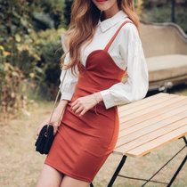 Mistletoe2017秋装新款韩版拼接背带修身A字裙 假两件衬衫连衣裙(桔色 XL)
