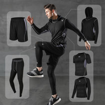 健身服男紧身衣健身房新款步速干篮球运动套装训练服(黑色-拼接短袖五件套 M)