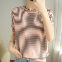 蒂克罗姆曲珠条纹半高短袖针织衫(粉色 L)