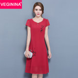 VEGININA 妈妈装夏中长款雪纺连衣裙 9532(红色 M)