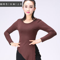 拉丁舞服装女套装舞蹈服形体基本练功服古典民族舞新款表演服(打结咖啡色长袖上衣)(XXXL)