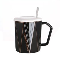 北欧简约陶瓷马克杯带盖勺办公室创意情侣水杯子ins风咖啡杯一对(北欧黑(带盖勺)300ML)