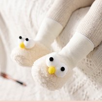 冬宝宝加绒地板鞋袜可爱婴儿鞋超软羊羔绒加绒地板中筒不掉袜套(白色大眼睛 【S】0-12个月（脚10-12CM）)