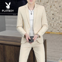 西服套装男士青年两件套纯色薄款西装外套韩版潮流成熟发型师一套  KLGG2201衣服+裤子(PB-KLGG2201衣服 裤子卡其 L)