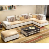 现代简约布艺沙发可拆洗大小户型转角客厅多人沙发组合家具(淡黄色 单位+双位+贵妃位3.2米)