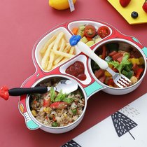 儿童餐盘分格不锈钢304加深宝宝学吃饭碗餐具套装男孩女可爱分隔7xy(红餐盘+叉勺)