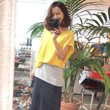 xyfuns 2013夏季款清新时尚超显瘦假三件黄色撞色拼接连衣裙(黄色 M)