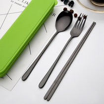 筷子勺子 304不锈钢餐具组合三件套学生便携餐具韩式叉子成人套装(宝石黑（勺+叉+筷子+绿色盒） 默认版本)