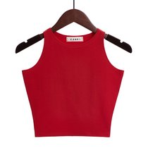 SUNTEK性感露脐装短款无袖t恤女夏韩版修身圆领打底衫紧身高腰上衣(M 红色)