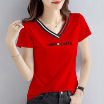 黑色纯棉短袖t恤女2022年新款夏季女装修身v领上衣半袖体恤衫(红色 XXXL)