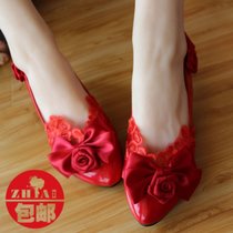 红色手工新娘鞋平跟 玫瑰花蝴蝶结婚鞋 蕾丝绣花平底鞋敬酒鞋女鞋(34)(8.5厘米跟高-标准)