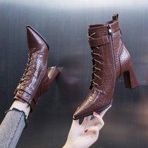 SUNTEK高跟鞋子女2021年新款秋冬季粗跟中跟尖头网红百搭马丁靴短靴加绒(36 棕色)
