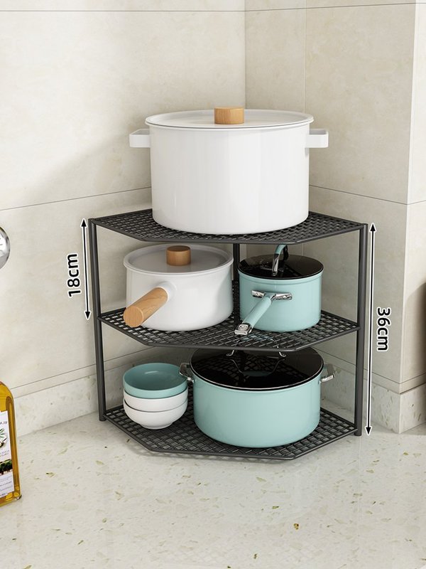 家用下水槽放锅架子橱柜子分层架(黑色三层转角架-加高款)图片大全