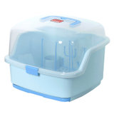 婴儿奶瓶收纳箱 大码放宝宝餐具储存盒 干燥沥水晾干架带盖防尘 翻盖奶瓶架(天蓝色)
