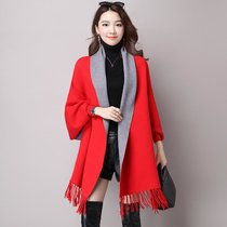 娇维安 韩版女装针织开衫 春季下摆流苏双色披肩外套 女(红色 均码)