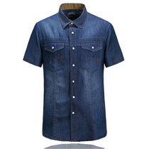 8623夏装新款战地吉普AFSJEEP纯棉尖领短袖牛仔衬衫 男士半袖衬衣(深蓝色 XL)