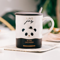 松发瓷器带盖带勺陶瓷马克杯 办公室水杯咖啡杯茶杯牛奶杯麦片杯 带盖双色杯-熊猫 环保材质