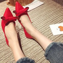 尖头鞋蝴蝶结平底平跟单鞋2017秋季新款 红色婚鞋软底女鞋黑色鞋(39)(红色)