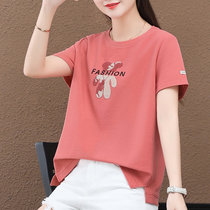 女夏季2022年新款时尚休闲短袖上衣洋气刺绣半袖体恤(奢华红色 XL)