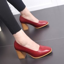 高跟鞋浅口单鞋粗跟2017秋季新款小码通勤木纹跟方头套脚显瘦女鞋(39)(酒红色)