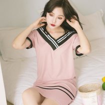霓美舒 睡衣女夏季半袖宽松套装女士休闲阔腿裤可外穿家居服薄款短袖简约睡裙女士裙装(HX 881#V领坑条睡裙（粉红色） 170(XL))