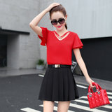 时尚短裙子两件套女装夏季新款韩版修身短袖雪纺衫百褶裙套装XY6621(红色 M)