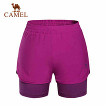 Camel/骆驼运动女款短裤 弹力透气速干快干假两件女士短裤 A7S1X3110(深玫红/紫色 L)