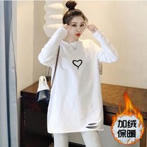 SUNTEK长袖白色t恤女秋冬洋气中长款ins打底衫2022春秋新款宽松上衣(XL 加绒款【中间爱心】)