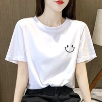 SUNTEK白色t恤女夏季短袖2022早春新款港风白色设计感小众上衣ins潮(S 【95斤内】 纯棉短袖【微笑】)