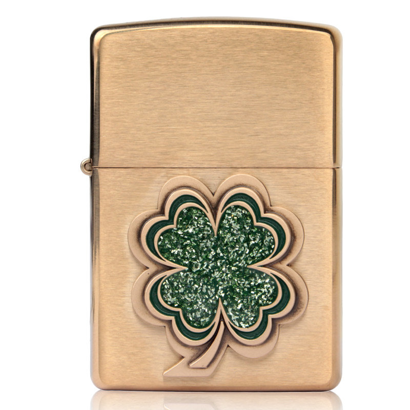 美国芝宝zippo打火机纯铜拉丝贴章正版zippo28806纯铜四叶草贴章好运