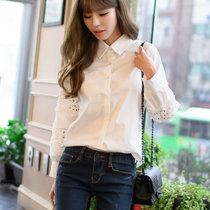 Mistletoe韩版镂空拼接蕾丝上衣 宽松长袖白色衬衫女学院风百搭(白色 XL)