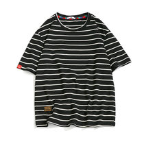 X17短袖T恤男2022夏季新款日系男士宽松大码条纹短袖男青年圆领休闲T恤XCF0003(黑色 XXL)