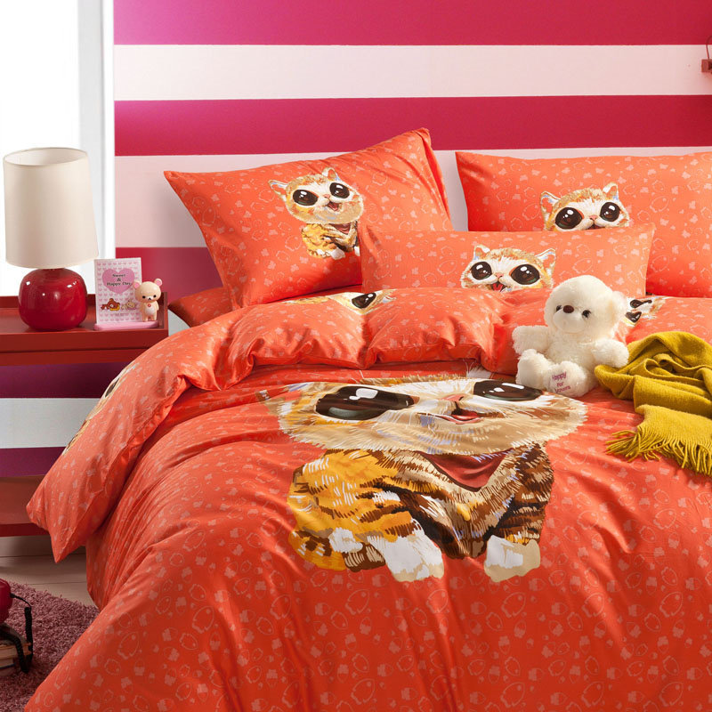 家纺 原创手绘全棉四件套 卡通小动物图案纯棉床单被套byf(橘色猫猫