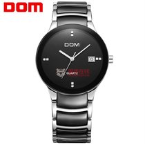 多姆（DOM）手表 时尚商务简约两针洁白面立体镶钻刻度石英腕表(黑色表盘银色表带男表)