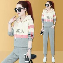 潮牌运动套装女2021新款春季连帽卫衣两件套韩版大码春秋跑步服女(花灰色 【优质版 好质量】 2XL 【建议120-135斤】)
