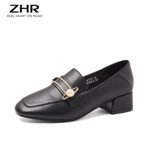 ZHR新款单鞋粗跟百搭英伦小皮鞋一脚蹬方头乐福鞋女K170(黑色 38)