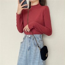 SUNTEK春季ins风女装2022新款白色长袖T恤洋气紧身半高领内搭打底衫上衣(均码 钻红色)