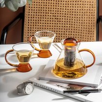 北欧高颜值茶壶煮茶花茶壶创意ins高硼硅玻璃复古套装琥珀色整套茶具创意茶具茶壶茶杯(一壶两杯套装)